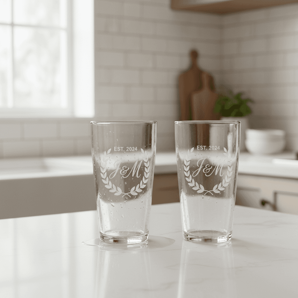 Matching custom pint glasses on home kitchen counter