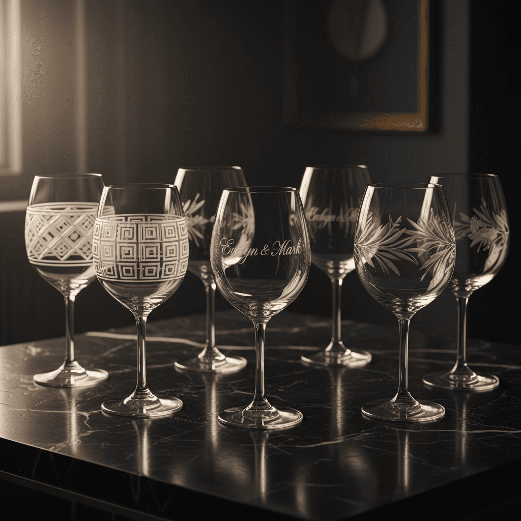 Collection of custom engraved wine glasses on marble