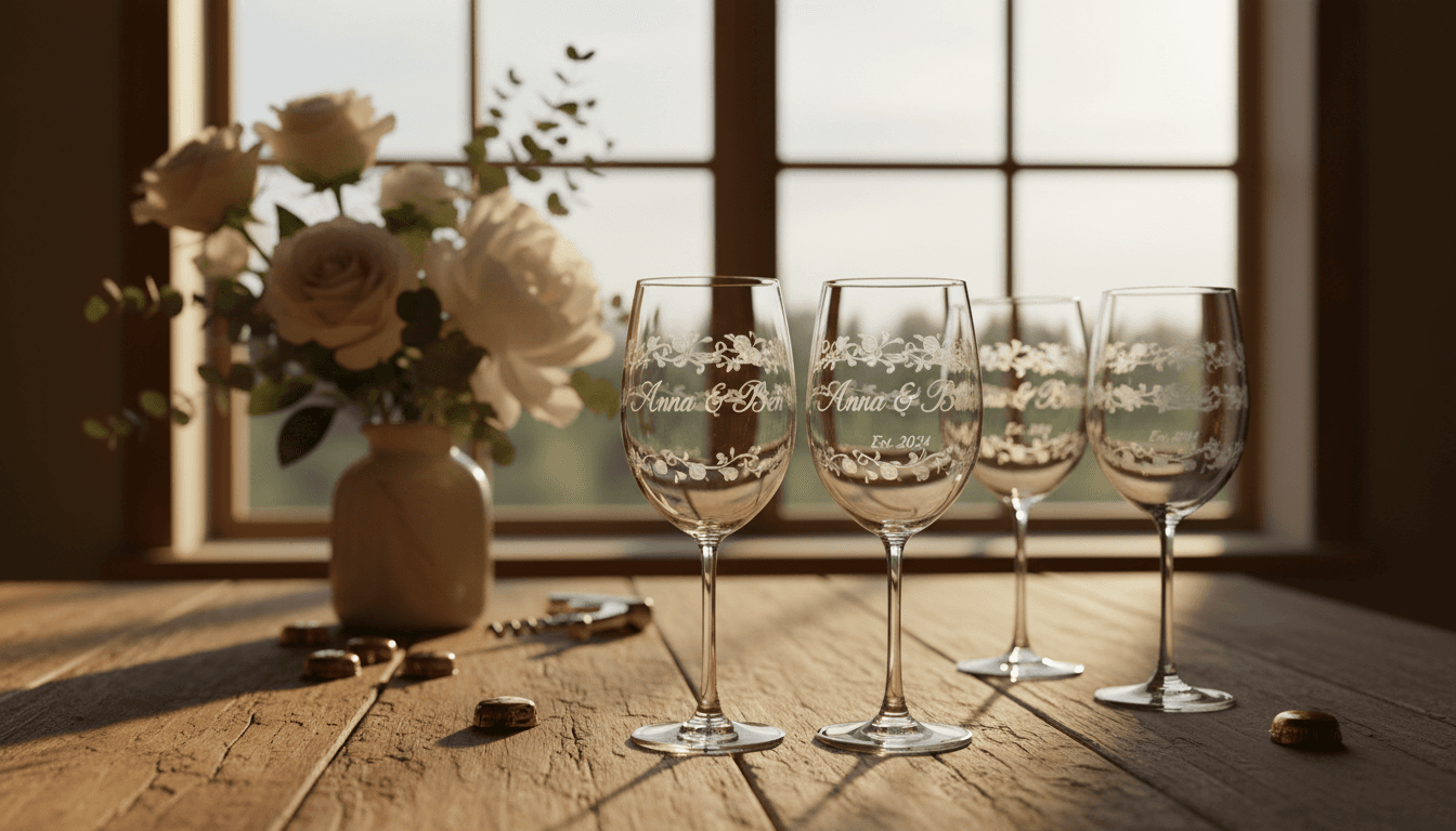 Custom engraved wine glasses with personalized designs catching warm golden light