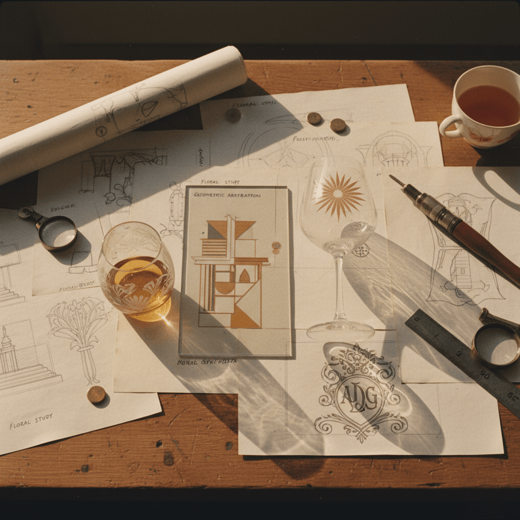 Design sketches and custom engraved glass samples showing variety of styles