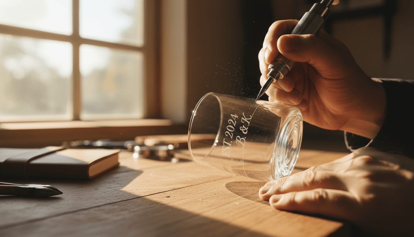 Close-up of artisan hand-engraving custom text onto a clear glass tumbler in a bright workshop