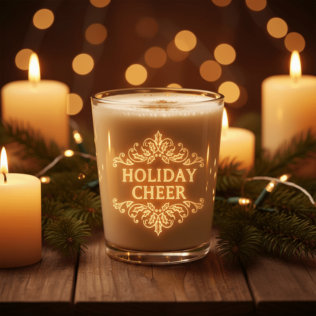 Engraved holiday glasses with festive design and warm lighting