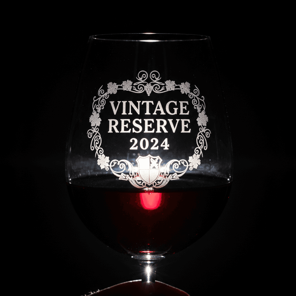 Close-up of precise laser engraving on wine glass