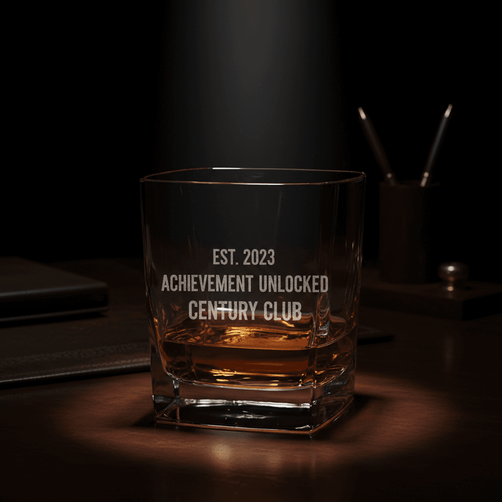 Milestone engraved glass with commemorative date on desk