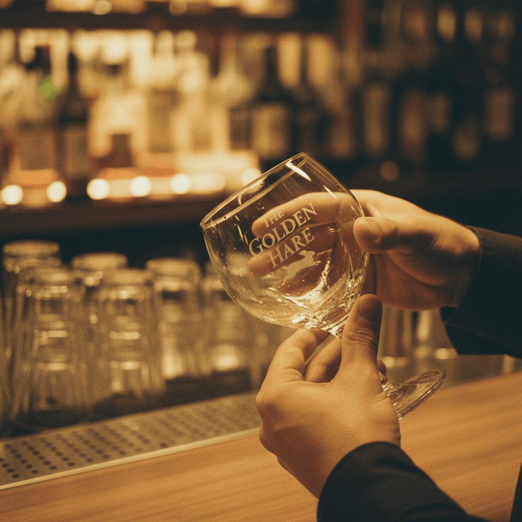 Bartender presenting custom engraved cocktail glass