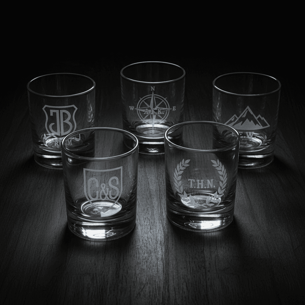 Collection of custom monogrammed rocks glasses displayed on wood