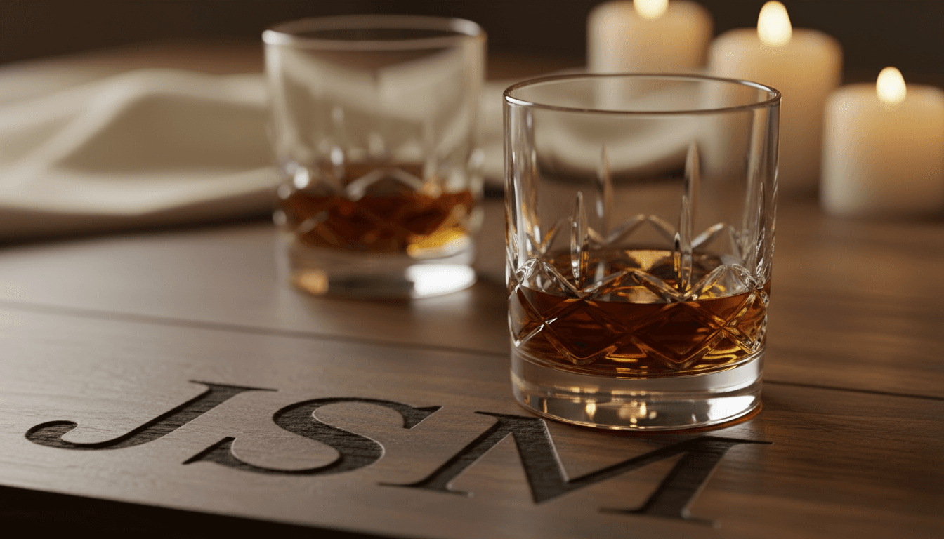 Personalized engraved whiskey glasses with monogram detail on dark wood surface