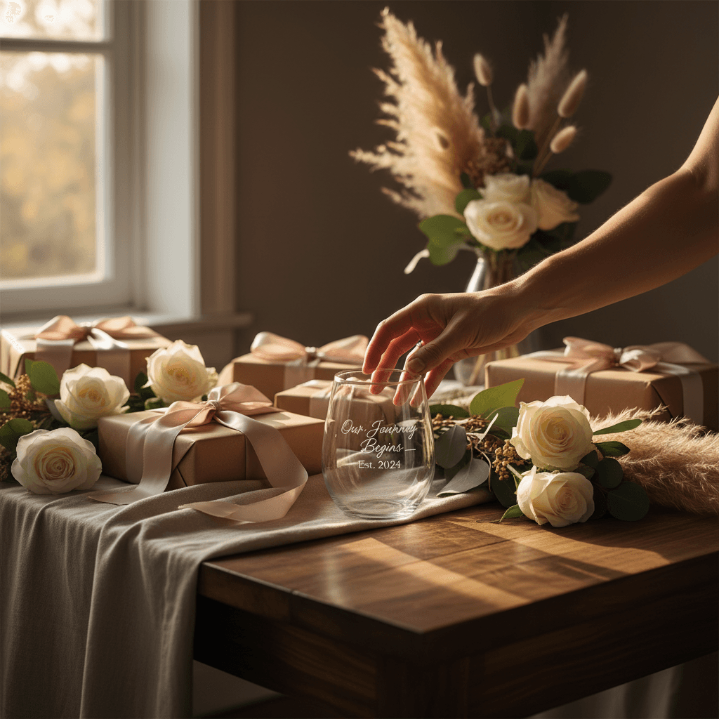 Personalized engraved glass as a gift on display