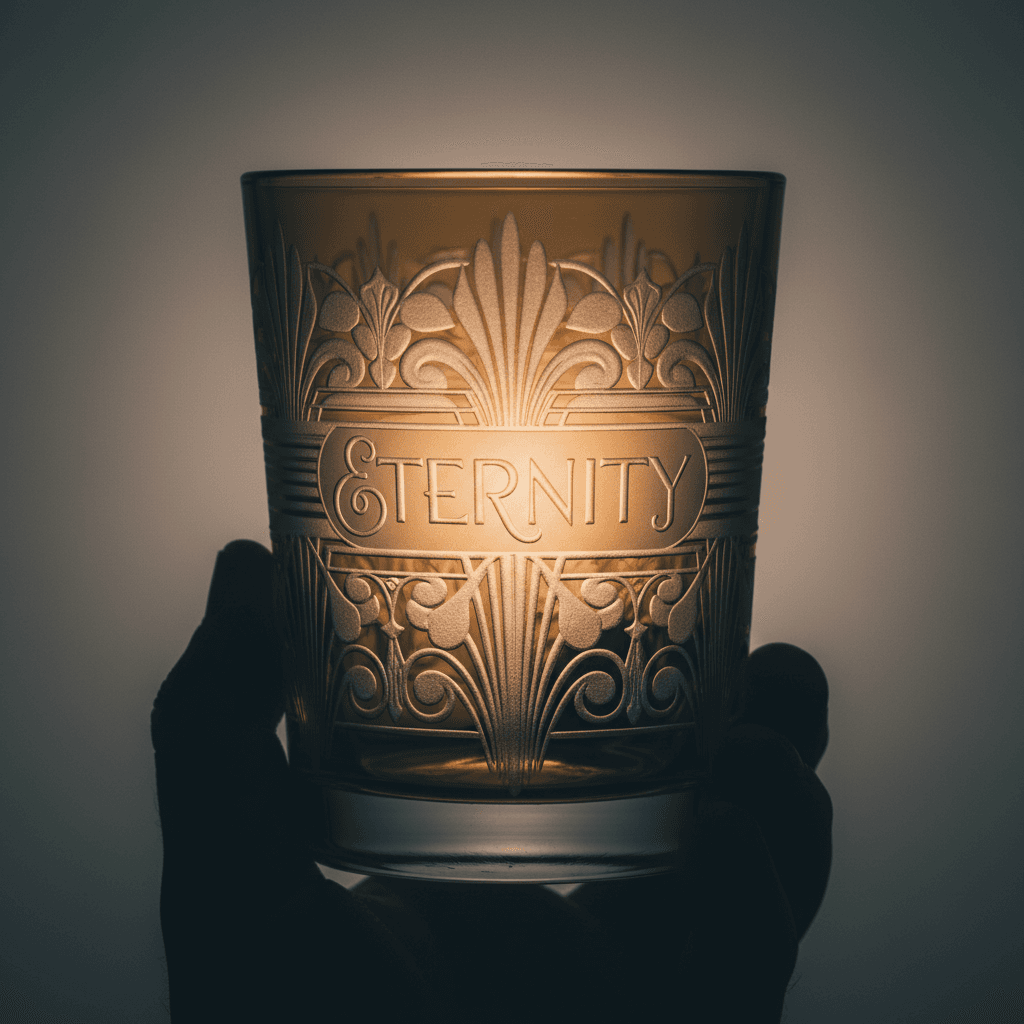 Engraved glass held to light showing permanent etched design detail