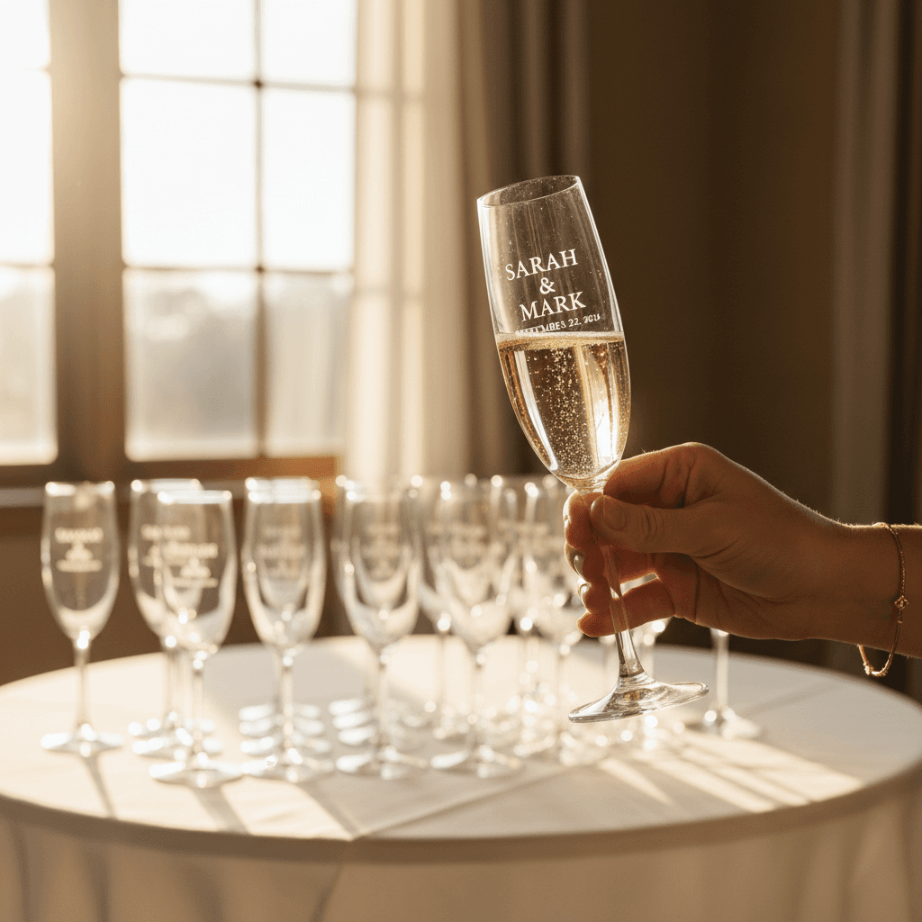 Engraved champagne flutes at a wedding celebration