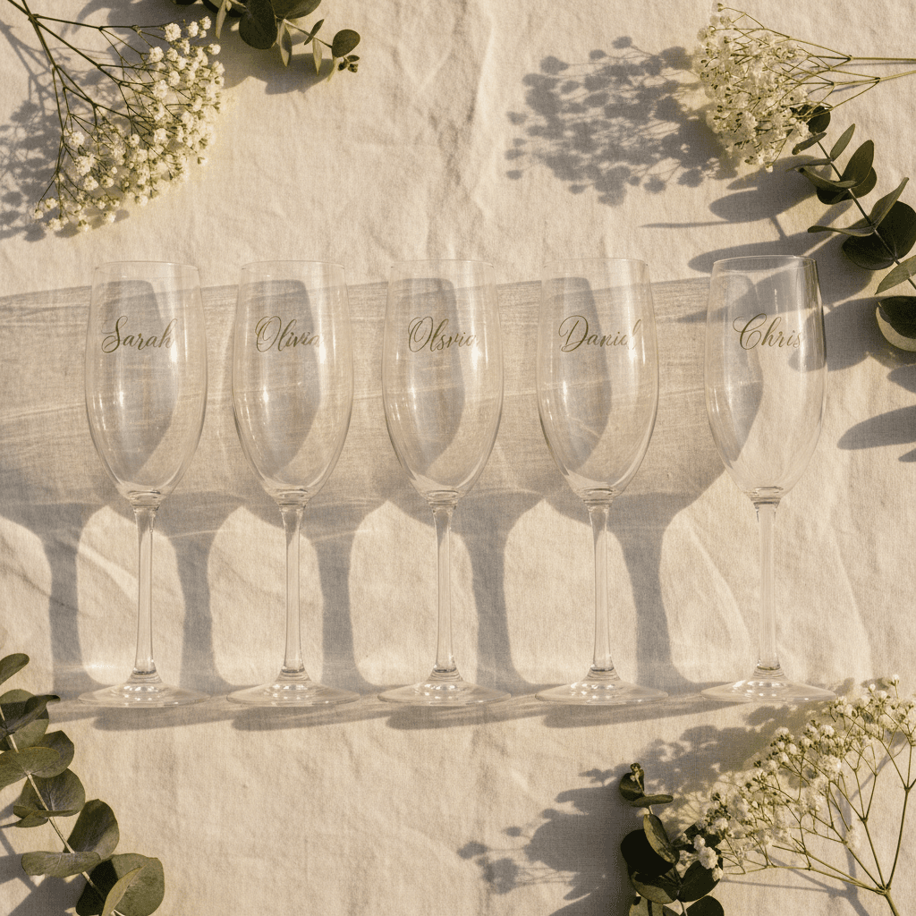 Personalized engraved champagne flutes for wedding party members