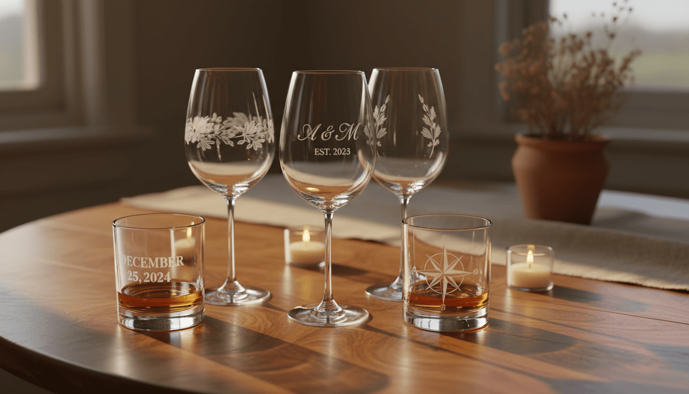 Custom engraved wine and whiskey glasses displayed on warm wood with personalized details