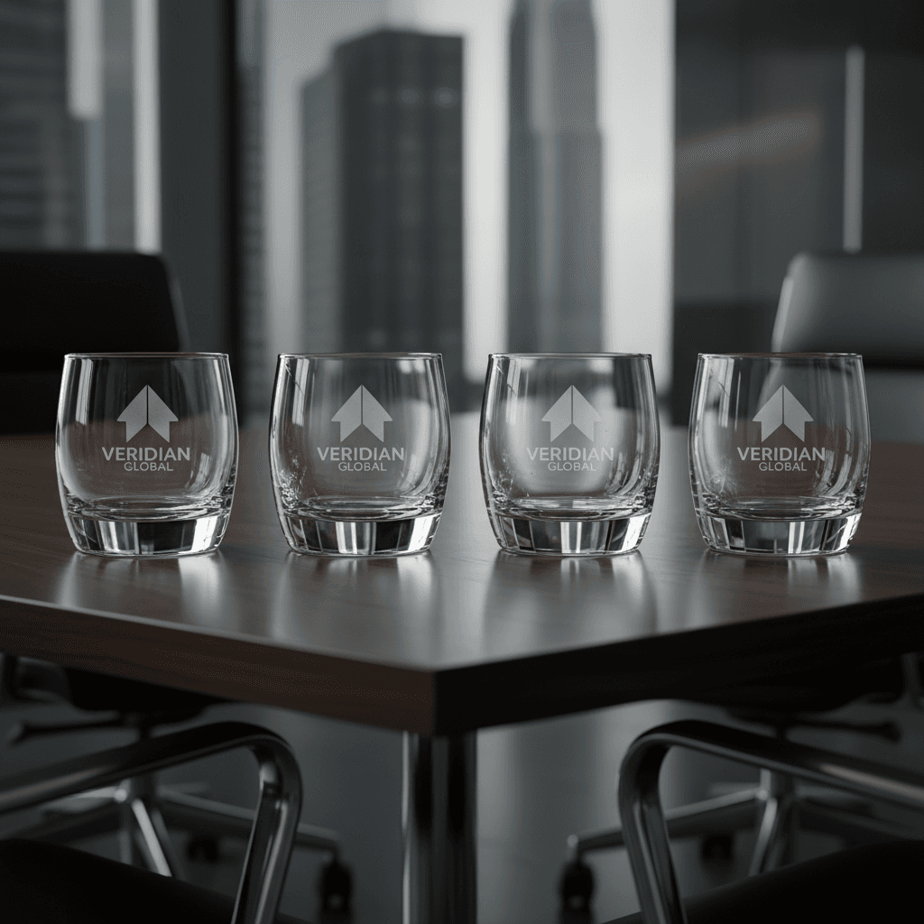 Corporate engraved glasses set displayed professionally on table