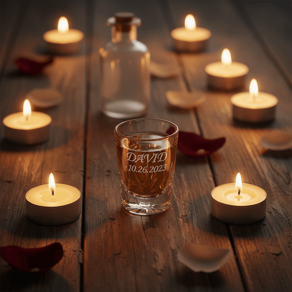 Birthday engraved shot glass in warm atmospheric lighting