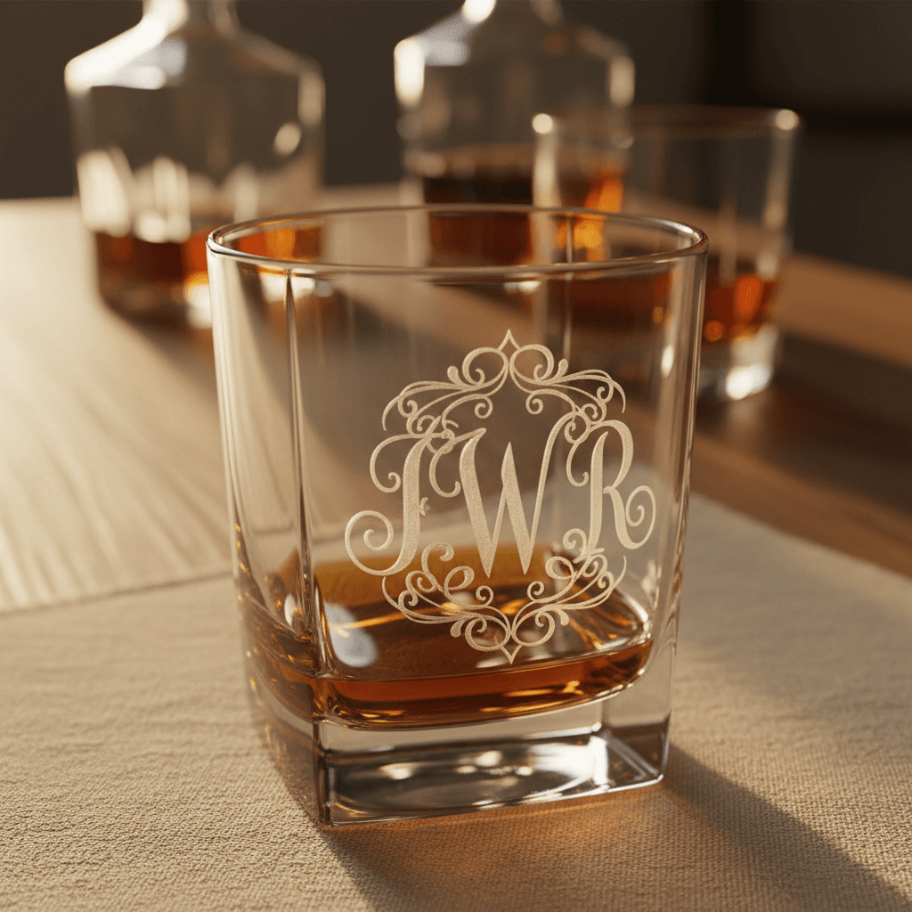 Custom monogrammed whiskey glass with hand-engraved detail