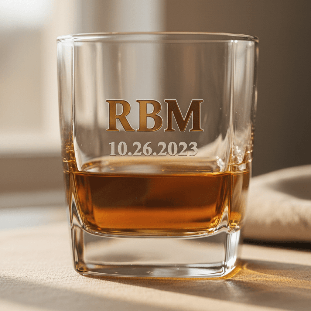 Custom engraved whiskey glass with initials and date