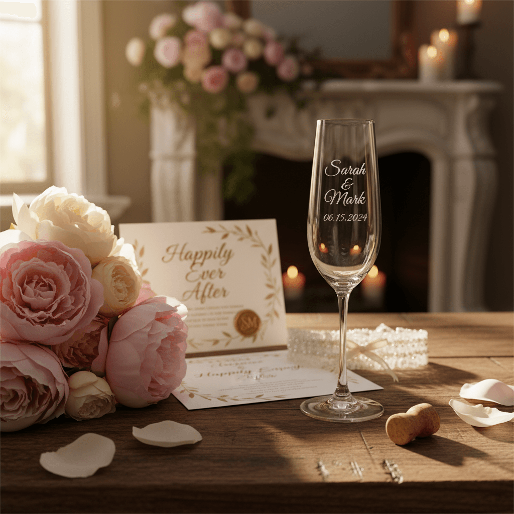 Engraved anniversary champagne flute with celebration styling