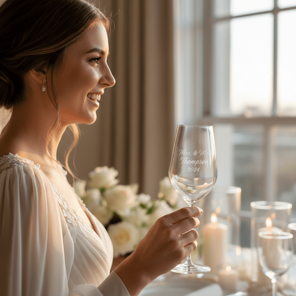 Bride holding personalized engraved champagne flute