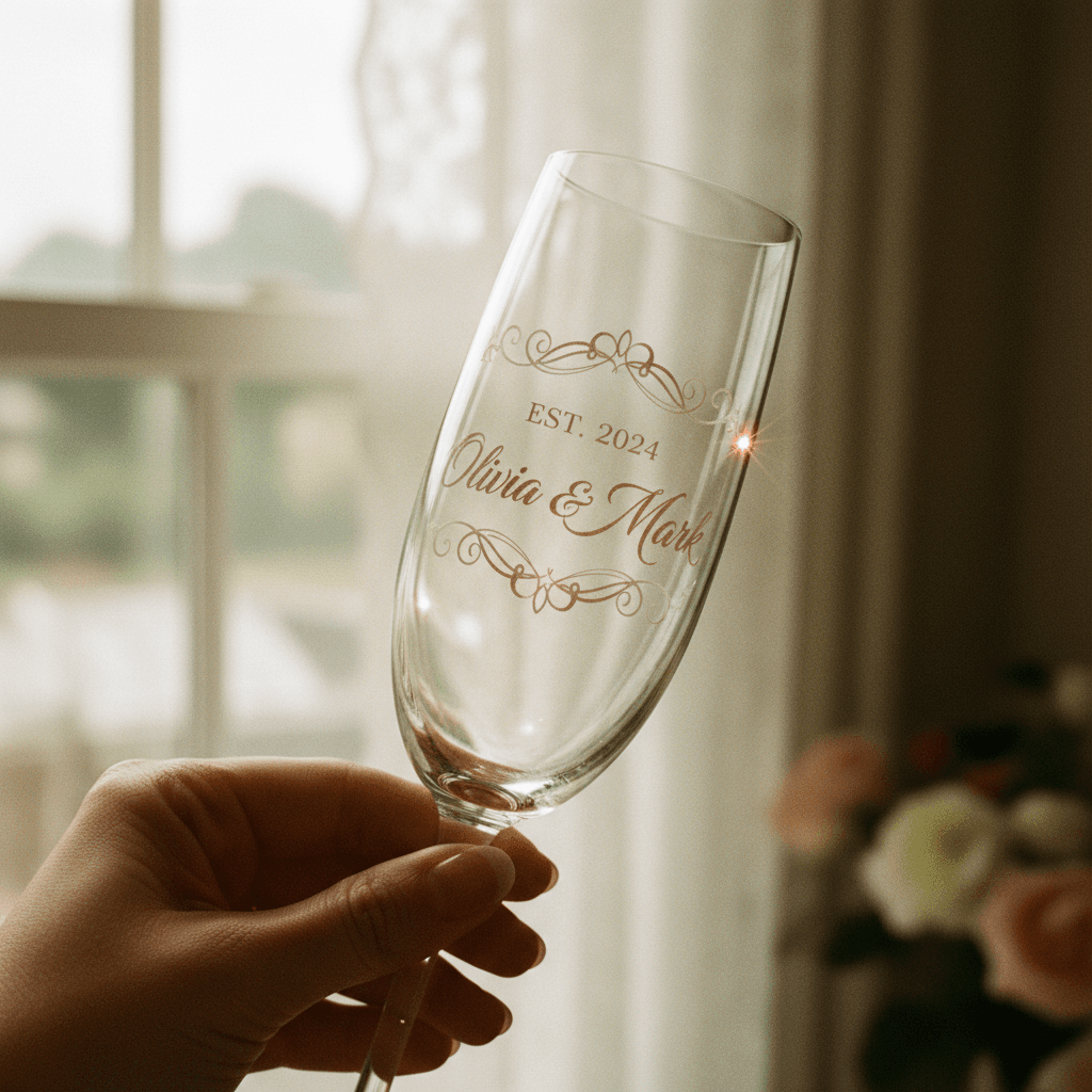 Personalized champagne flute held in natural light