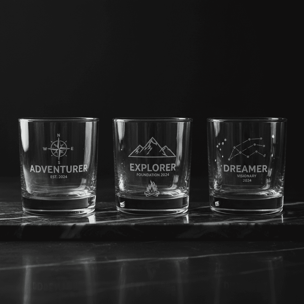 Three coordinated personalized rocks glasses on marble
