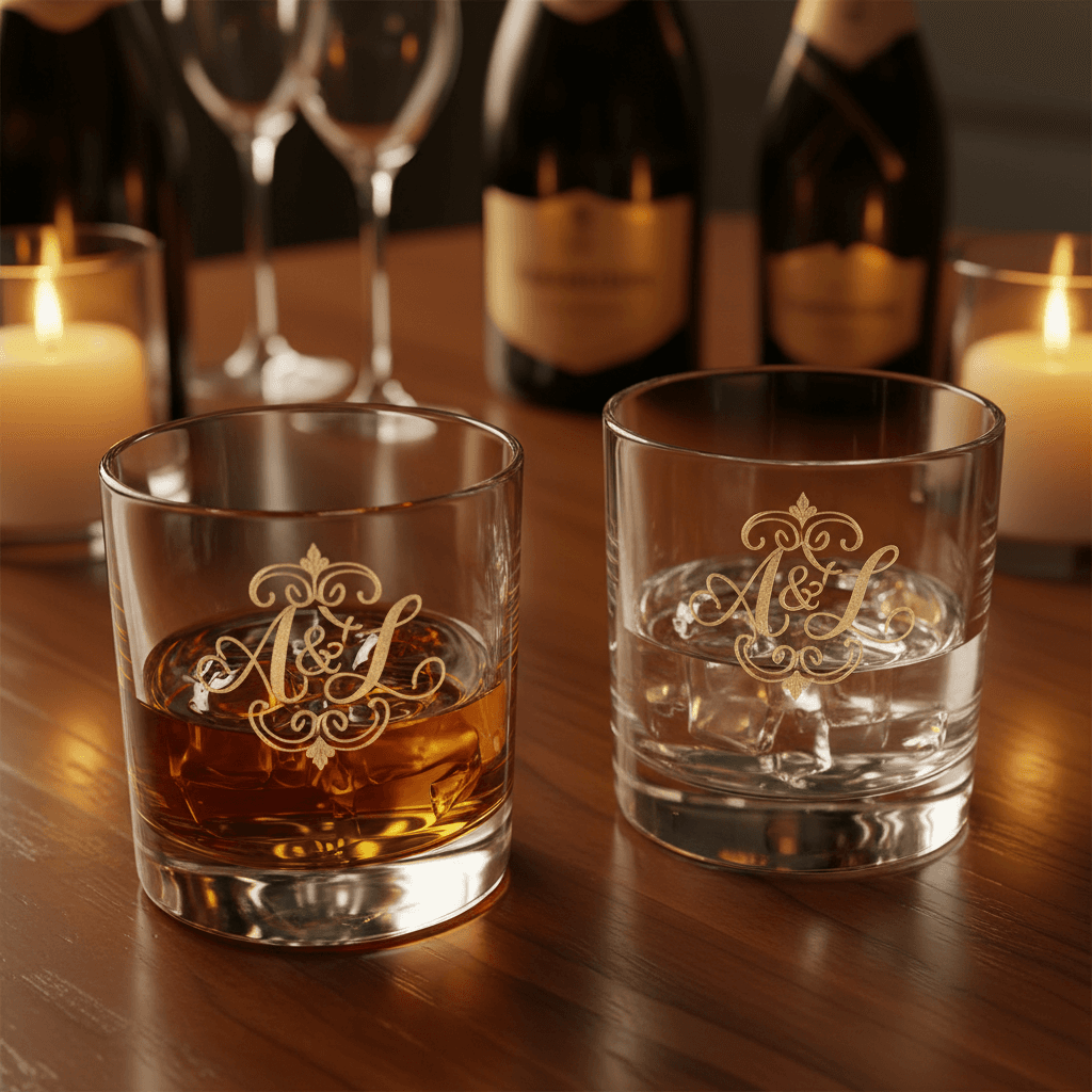 Custom engraved monogram on crystal glassware
