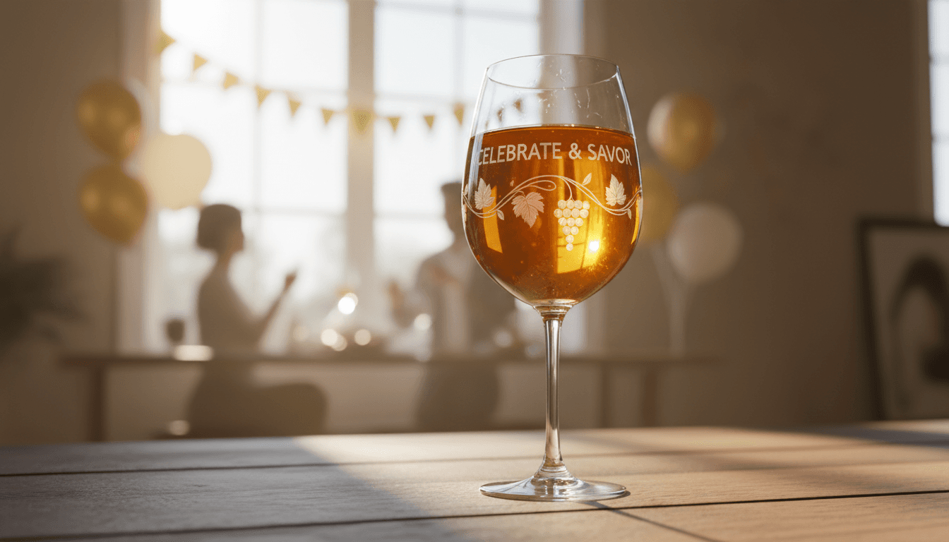 Close-up of personalized engraved wine glass with detailed custom design catching warm sunlight