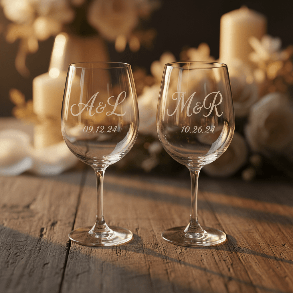 Engraved wedding wine glasses with initials and date