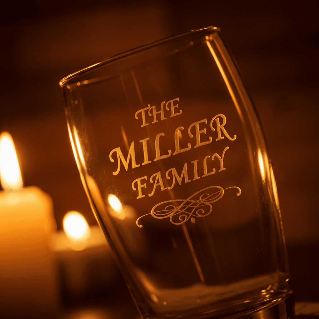 Close-up detail of engraved family name on beer glass