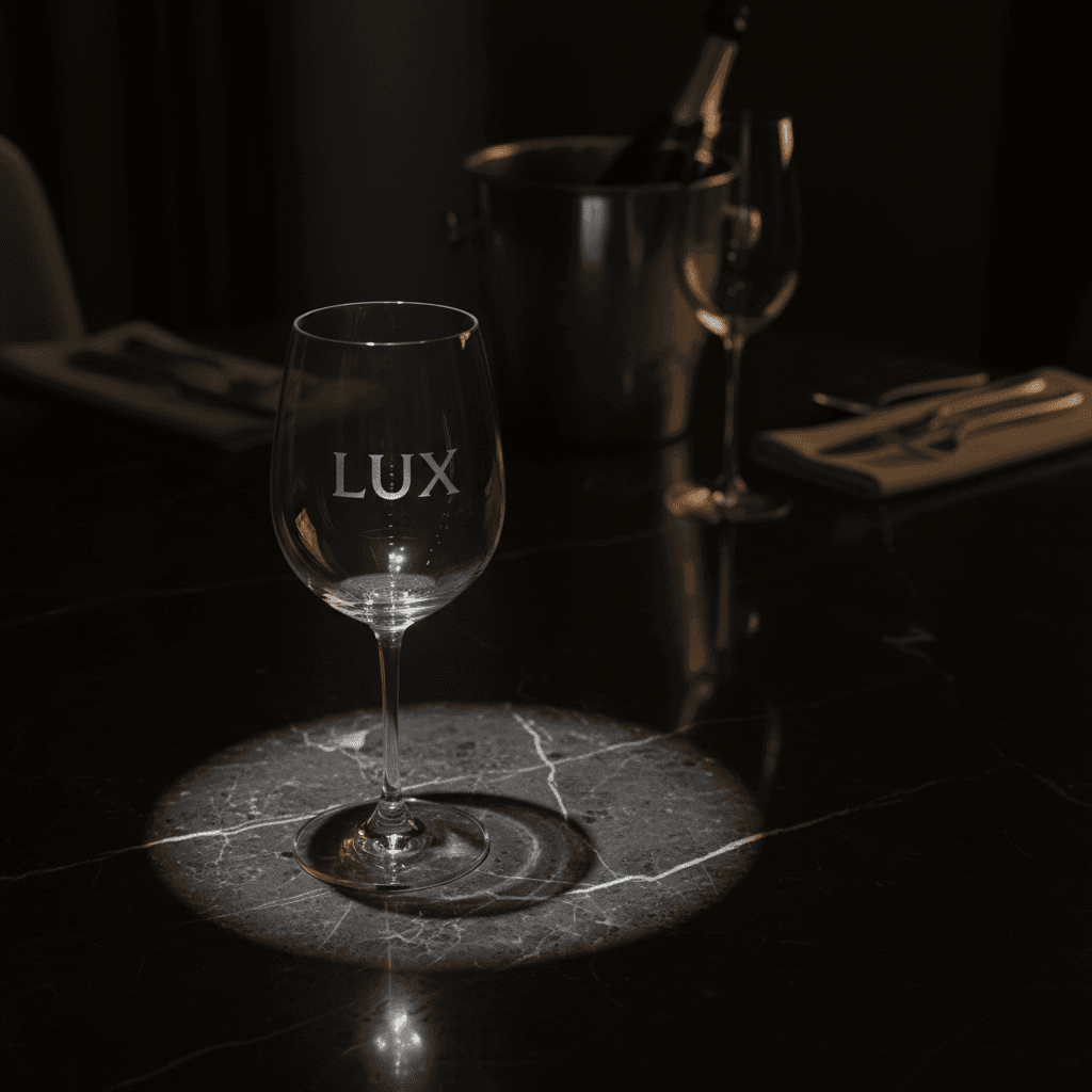 Overhead view of custom wine glass on marble surface